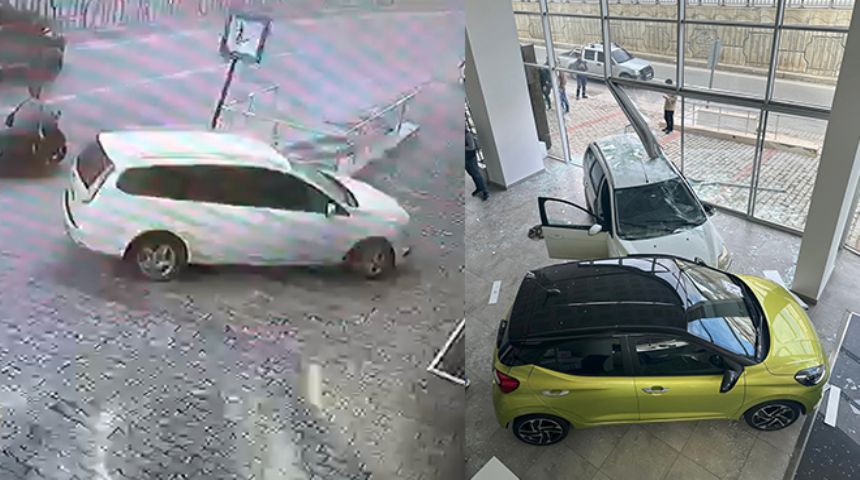 Alanya'da bir otomobilin oto galerisine daldığı anlar kamerada